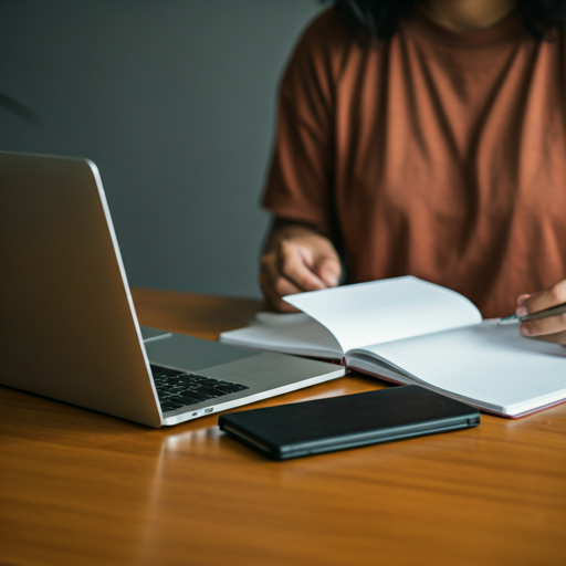Student studying comfortably with a laptop and notebook on a wooden desk